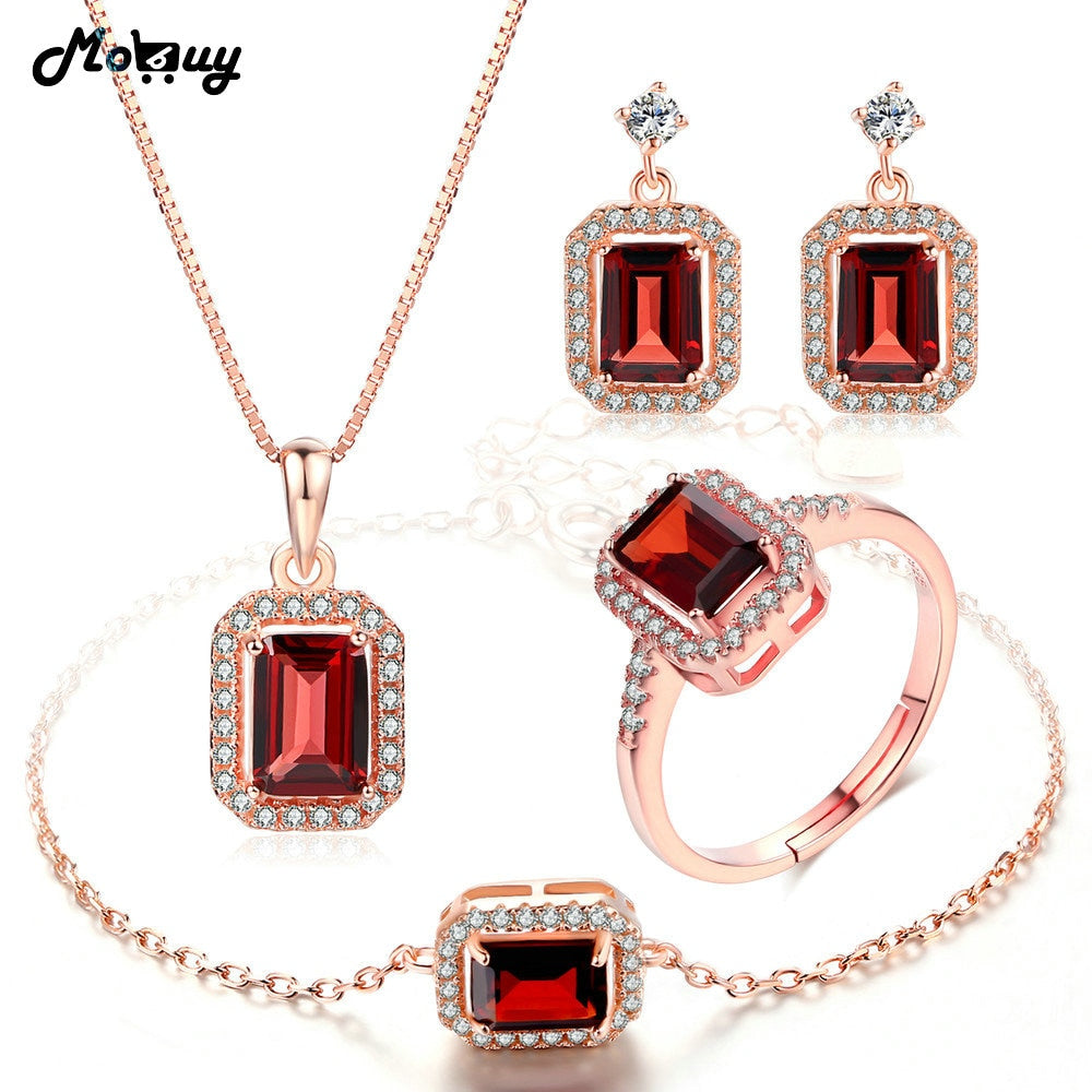 Natural Gemstone 4pcs Jewelry Sets 100% 925 Sterling Silver For Women Wedding Gift Fine Garnet Jewelry V011EHNR