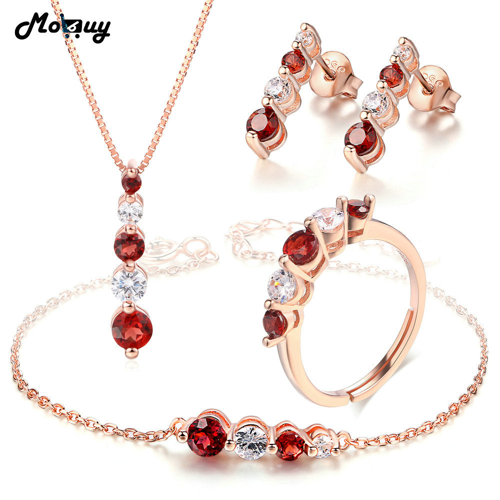 Natural Gemstone 4pcs Red Garnet Jewelry Sets 100% 925 Sterling Silver For Women Wedding Classic Fine Jewelry V041EHNR