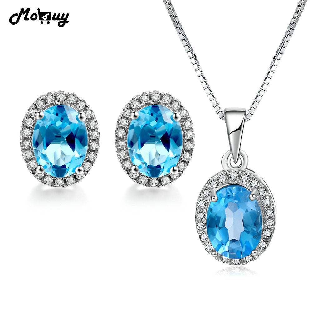Natural Gemstone Blue Topaz 2pcs Jewelry Sets 100% 925 Sterling Silver For Women Anniversary Gift Fine Jewelry V039EN