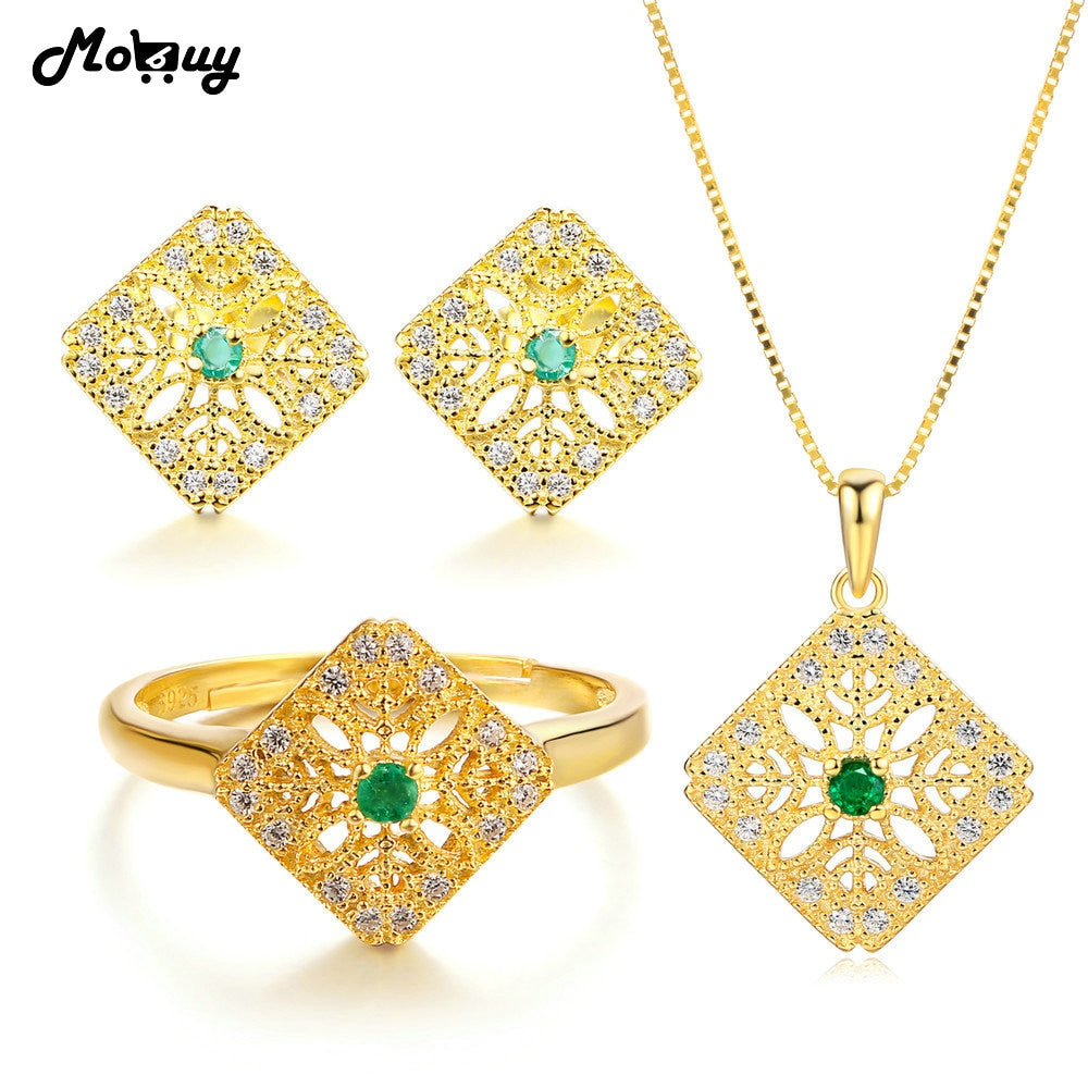Natural Gemstone Emerald 3pcs Jewelry Sets 100% 925 Sterling Silver Vintage Style Fine Jewelry For Women Wedding V029ENR