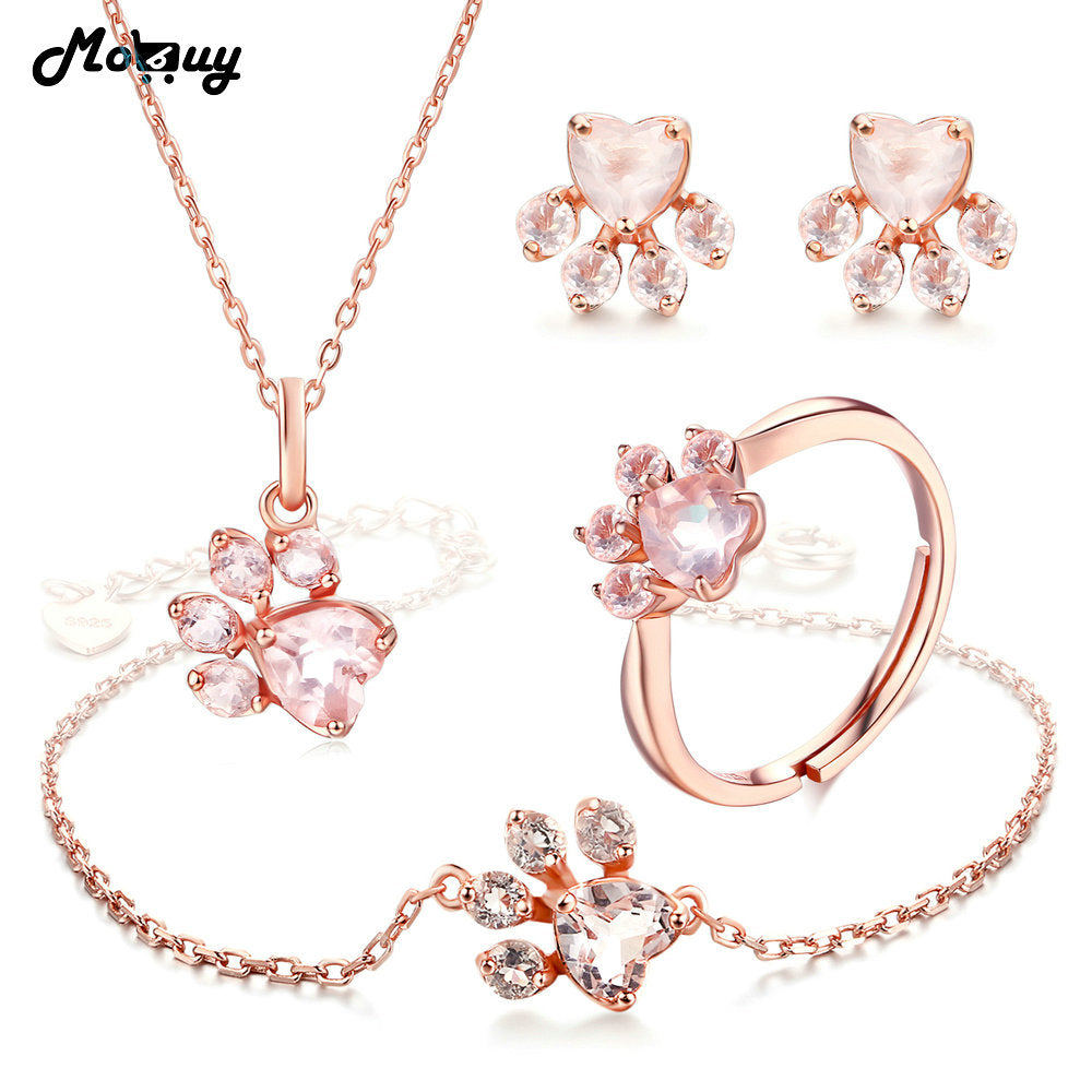 Natural Gemstone Heart Rose Quartz 100% 925 Sterling Silver 4pcs Jewelry Sets For Women Bearfoot Fine Jewelry V035EHNR