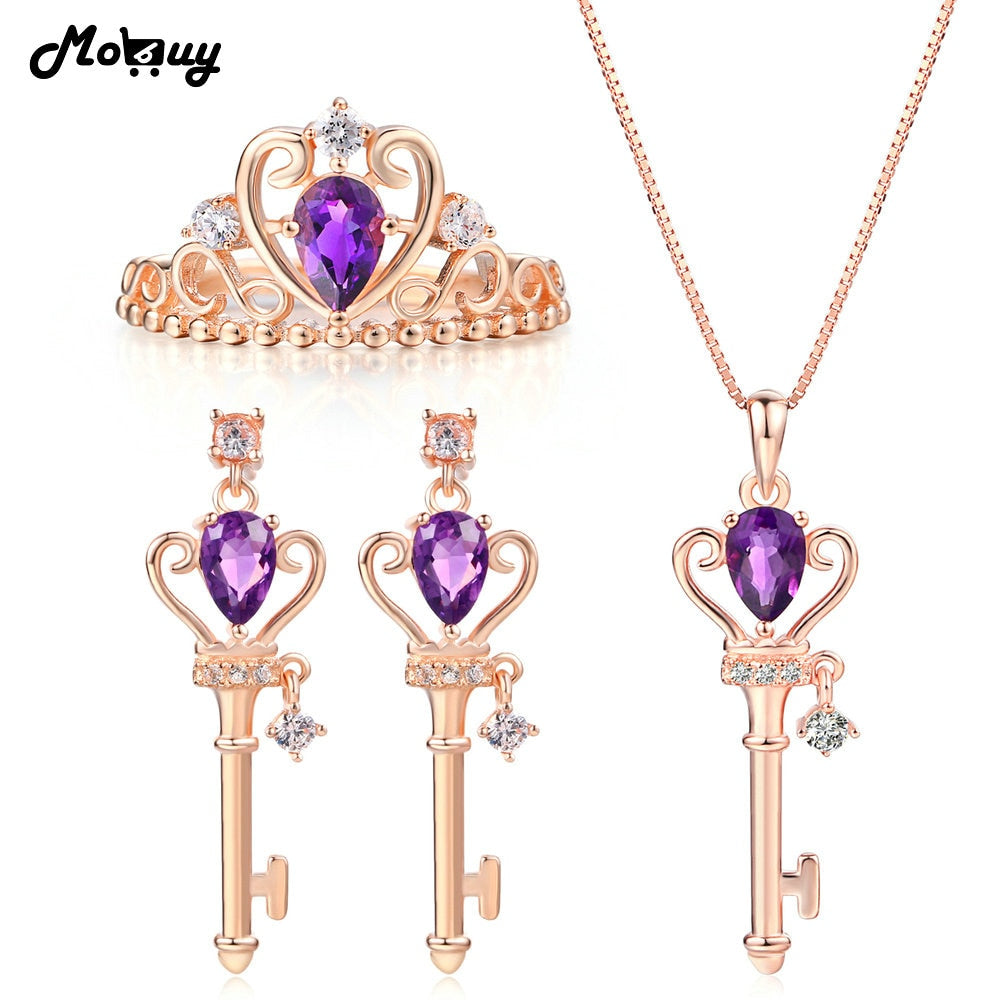 Natural Gemstone Vintage Keys 3pcs Jewelry Sets 100% 925 Sterling Silver For Women Engagement Fine Jewelry V010ENR