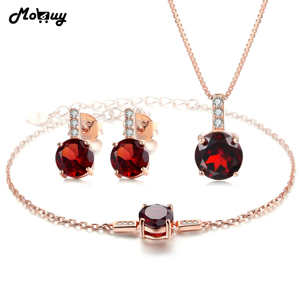 Natural Red Garnet Gemstone Classic 3pcs Jewelry Sets 100% 925 Sterling Silver For Women Party Fine Jewelry V014EHN