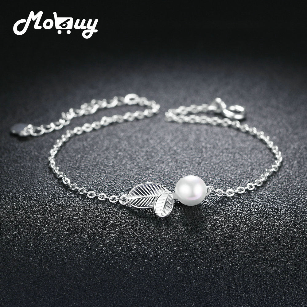 New 100% Real 925 Sterling Silver Leaves With Texture Pearl Charm Bracelet Fine Jewelry For Women Romantic Gift MBHY017