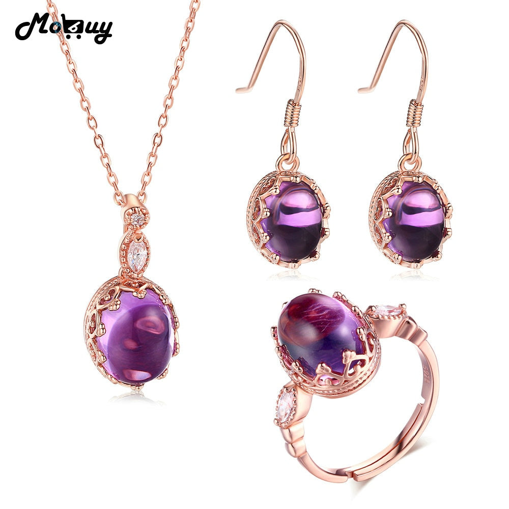 Purple Oval Amethyst Natural Gemstone 4pcs Jewelry Sets 100% 925 Sterling Silver Fine Jewelry For Women V031ENR
