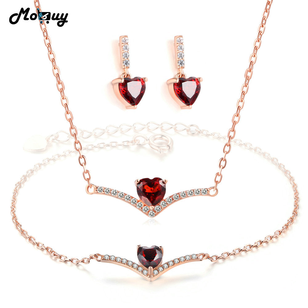 Romantic 925 Sterling Silver Jewelry Set Heart Gemstone Red Garnet Rose Gold Plated Fine Jewelry For Women Wedding V004EHN