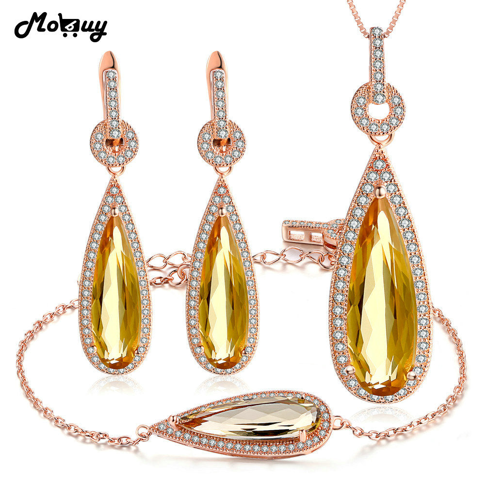 Romantic Pear Citrine Natural Gemstone 3pcs Jewelry Sets Fine Jewelry For Women Wedding 100% 925 Sterling Silver V047EHN