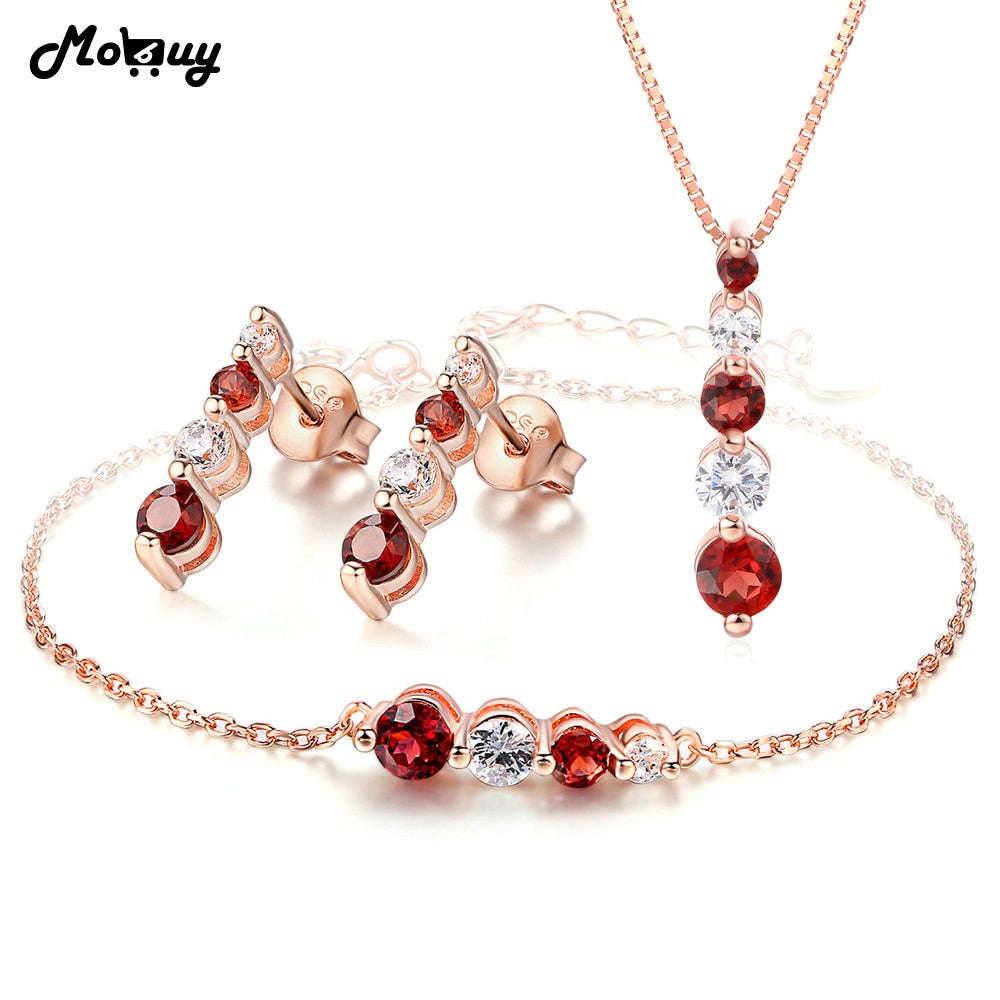 Romantic Red Garnet Natural Gemstone 3pcs Jewelry Sets 100% 925 Sterling Silver Fine Jewelry For Women Wedding V041EHN