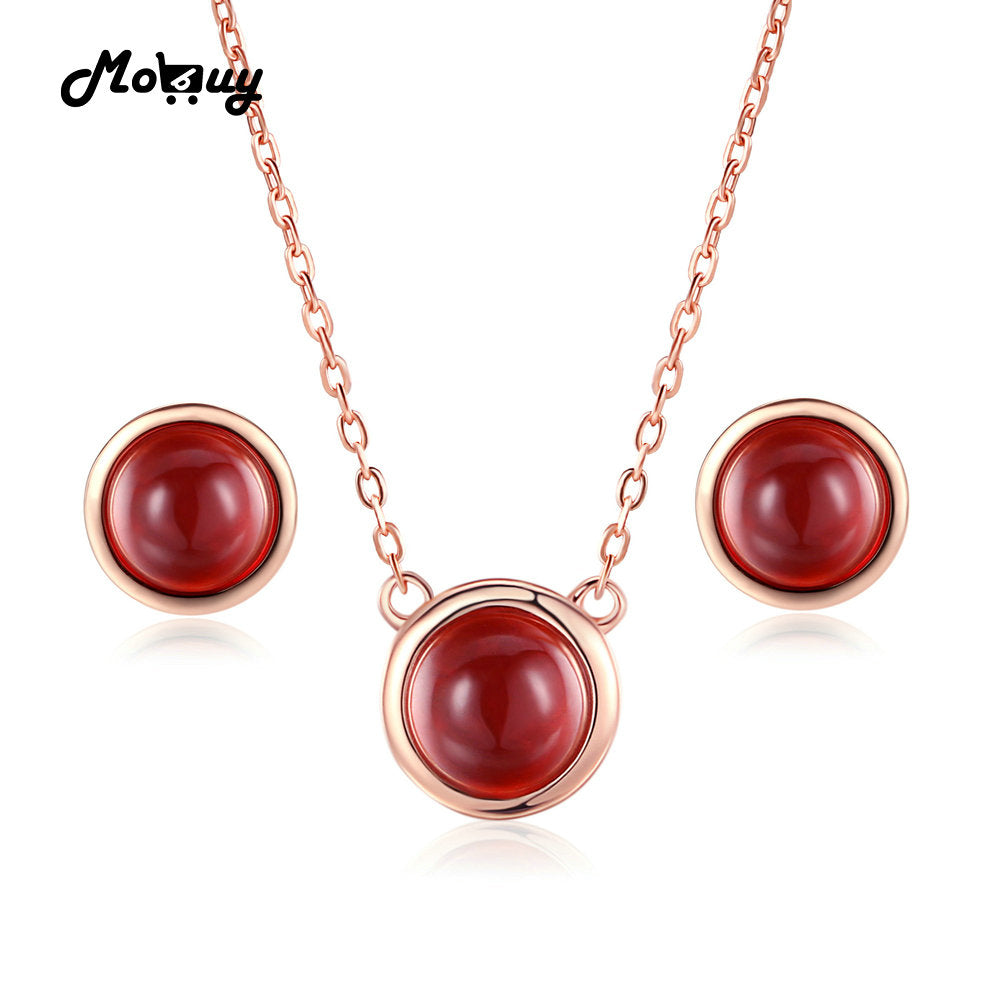 Simple Style 925 Sterling Silver Jewelry Set Round Gemstone Red Garnet Rose Gold Plated S925 Fine Jewelry For Women V034EN