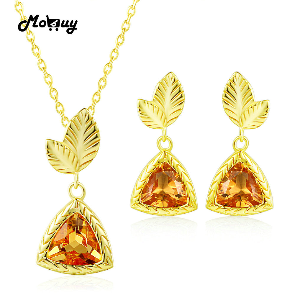 Sweet Leaf 925 Sterling Silver Jewelry Set For Women Triangle Gemstone Citrine Yellow Gold Plated S925 Fine Jewelry V024EN
