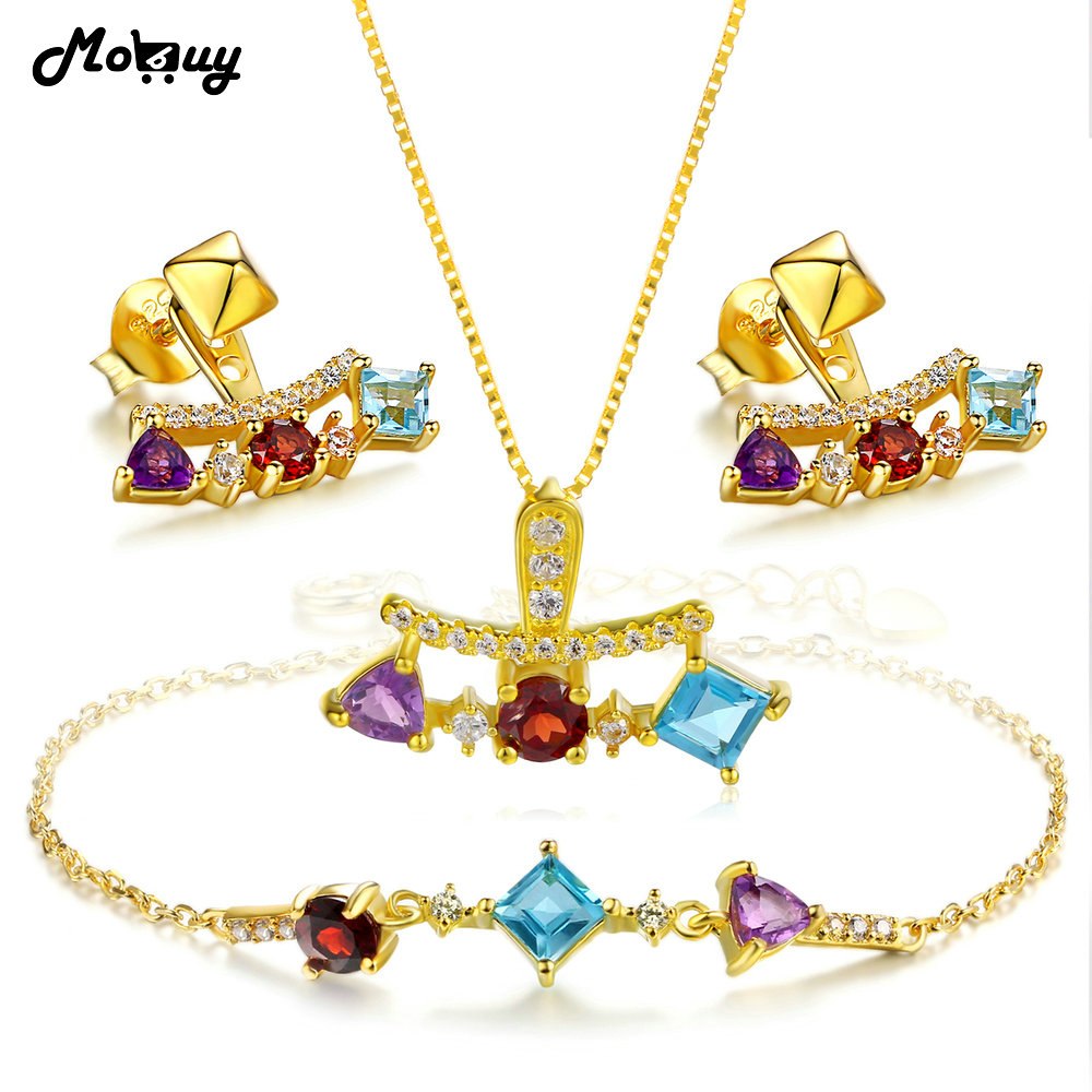 MoBuy Topaz/Garnet/Amethyst Gemstone 100% 925 Sterling Silver 3pcs Jewelry Sets For Women Engagement Fine Jewelry V013EHN