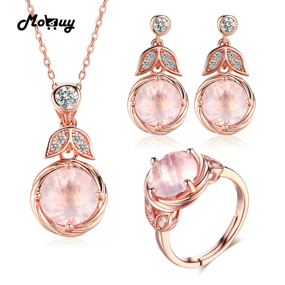 Unique Flower 100% S925 Sterling Silver Jewelry Sets For Women Gemstone Rose Quartz Engagement Jewelry For Women V023ENR