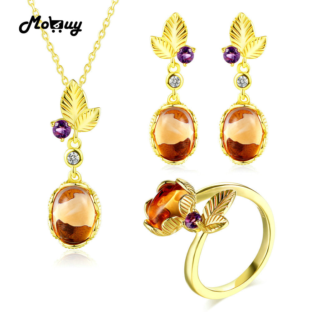 Unique Leaf 925 Sterling Silver Jewelry Set Oval Gemstone Citrine 3 Sets Fine Jewelry Yellow Gold Plated For Women V022ENR