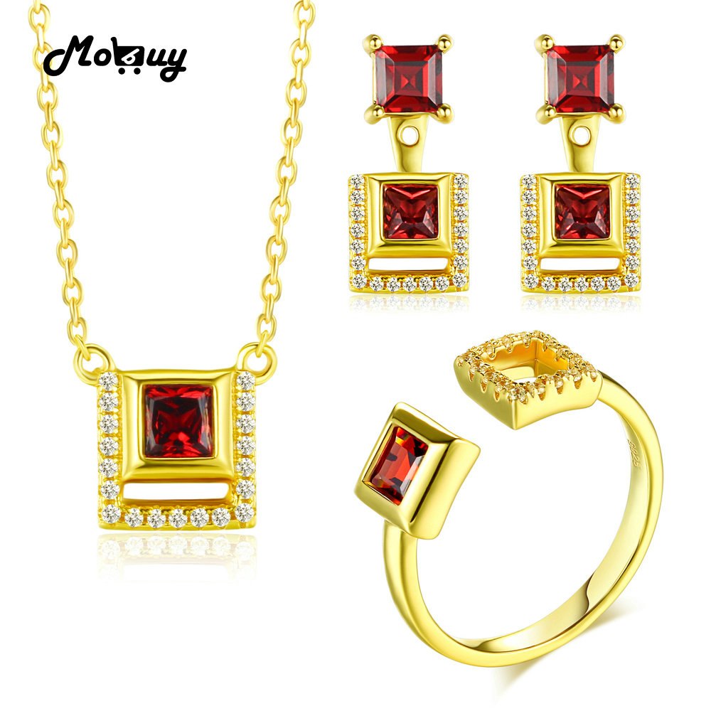 Unique Square 925 Sterling Silver Jewelry Sets For Women Natural Gemstone Garnet S925 Wedding Jewelry For Women V030ENR