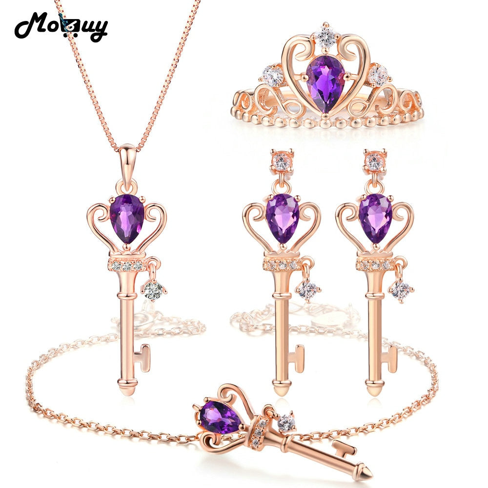 Vintage Key 4pcs Jewelry Sets 100% 925 Sterling Silver For Women Gemstone Amethyst Engagement Jewelry V010EHNR