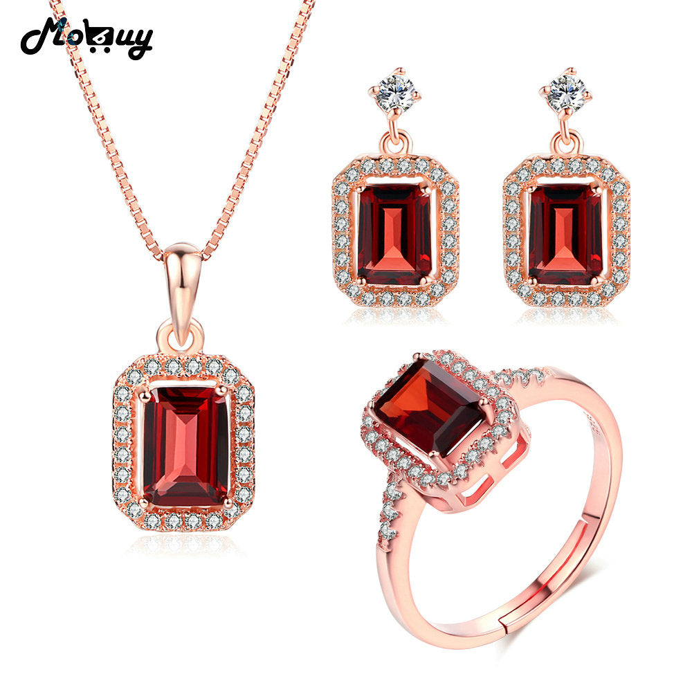 Vintage Natural Gemstone 3pcs Jewelry Sets For Women Wedding 100% 925 Sterling Silver Fine Garnet Jewelry V011ENR
