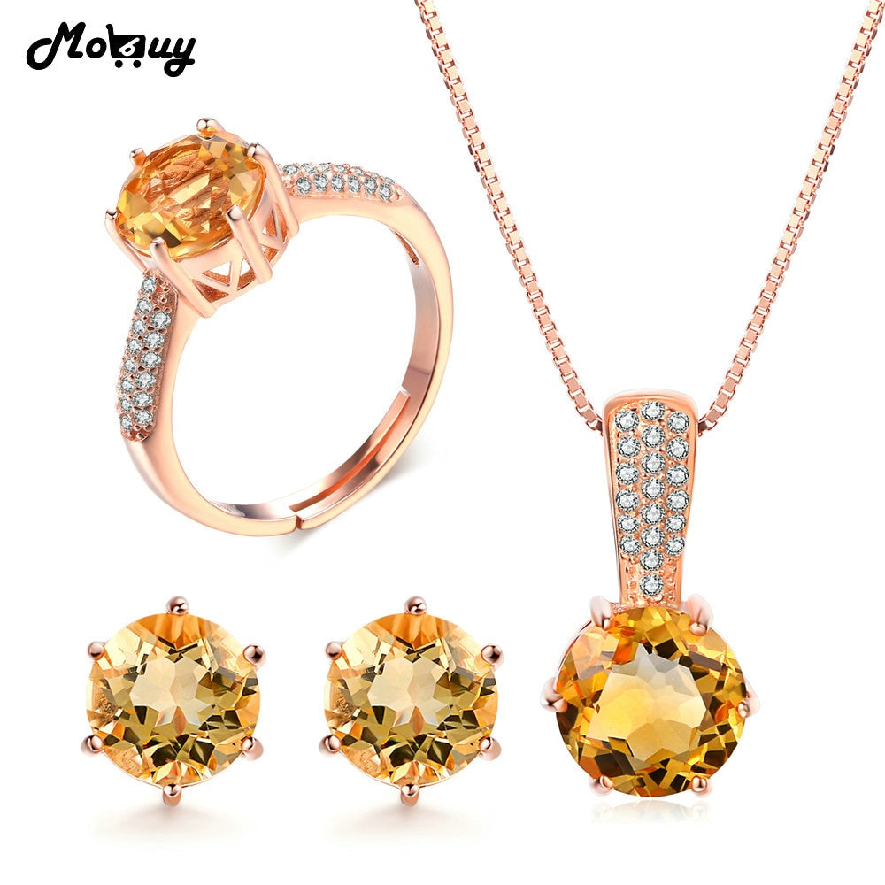 Wedding Accessories Natural Gemstone Yellow Citrine 925 Sterling Silver 3PCS Fine Jewelry Set For Women Engagement V002ENR