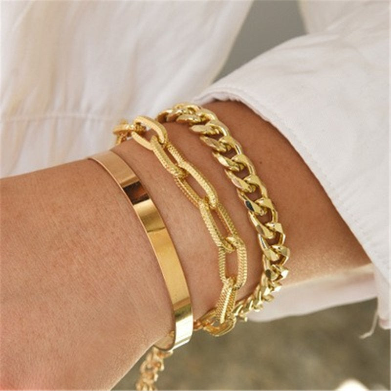 Modyle 3 pcs/set Bohemian Gold Silver Color Chain Bracelets for Women  Hip Hop Multilayer Charm Bracelets Bangles Jewelry