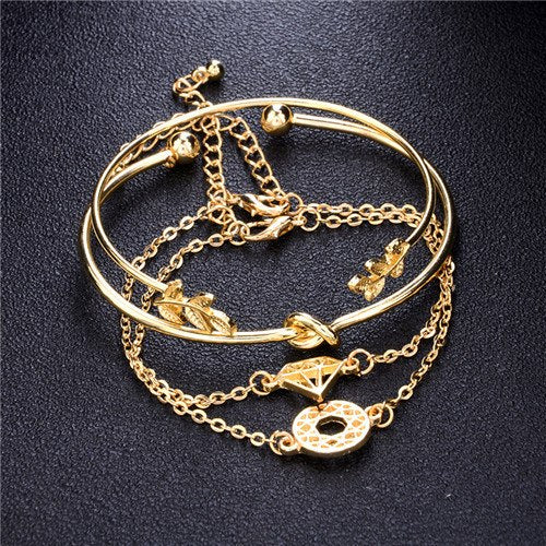 4pcs/1set Gold Color Leaf Coin Knot Bracelet Bohemian Geometric Metal Chain Bracelet Statement Jewelry