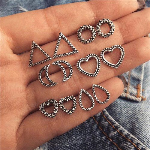 6 Pairs/Set Heart Moon Triangle Stud Earrings for Women Vintage Bohemian Summber Beach Geometry Boucle D'oreille Jewelry