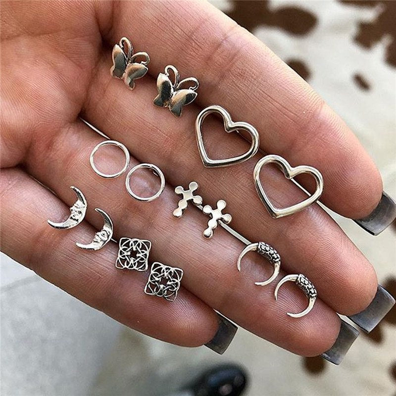 6 Pairs/Set Heart Moon Triangle Stud Earrings for Women Vintage Bohemian Summber Beach Geometry Boucle D'oreille Jewelry