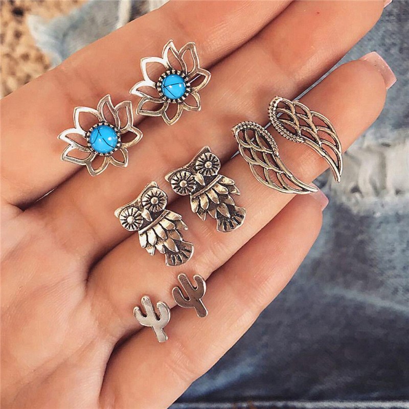 6 Pairs/Set Heart Moon Triangle Stud Earrings for Women Vintage Bohemian Summber Beach Geometry Boucle D'oreille Jewelry