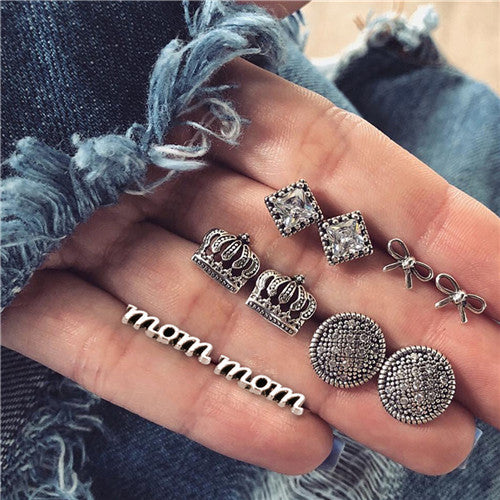 6 Pairs/Set Heart Moon Triangle Stud Earrings for Women Vintage Bohemian Summber Beach Geometry Boucle D'oreille Jewelry