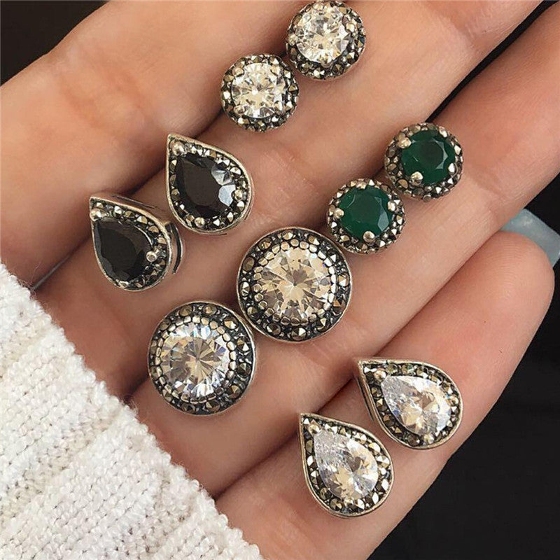 Women Crystal Earrings for Women Boucle D'oreille Jewelry Bohemian Stud Earring Set Green Droplets Brincos 5 Pairs