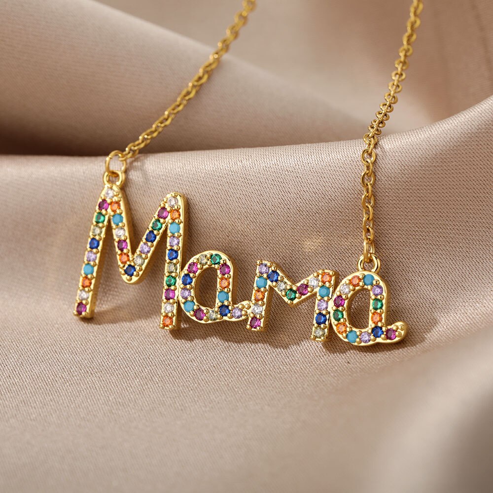 Mom Letter Colorful Zircon Pendant Necklace For Women Stainless Steel Gold Color Necklaces Mother's Day Jewelry Gift collares