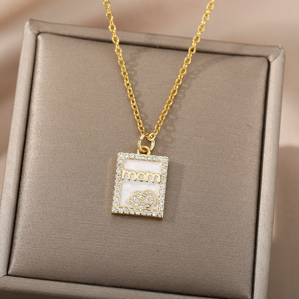 Mom Letter Colorful Zircon Pendant Necklace For Women Stainless Steel Gold Color Necklaces Mother's Day Jewelry Gift collares