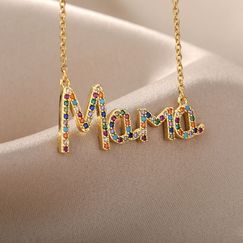 Mom Letter Colorful Zircon Pendant Necklace For Women Stainless Steel Gold Color Necklaces Mother's Day Jewelry Gift collares