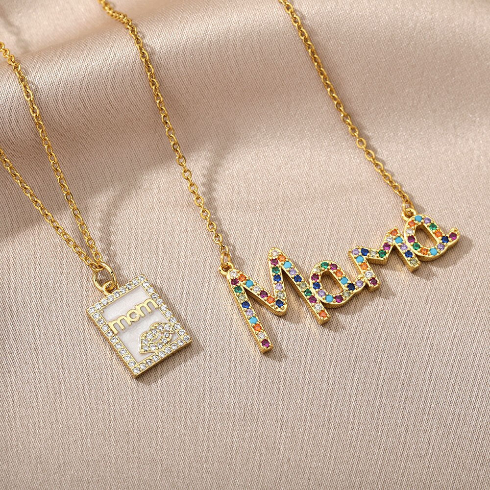 Mom Letter Colorful Zircon Pendant Necklace For Women Stainless Steel Gold Color Necklaces Mother's Day Jewelry Gift collares