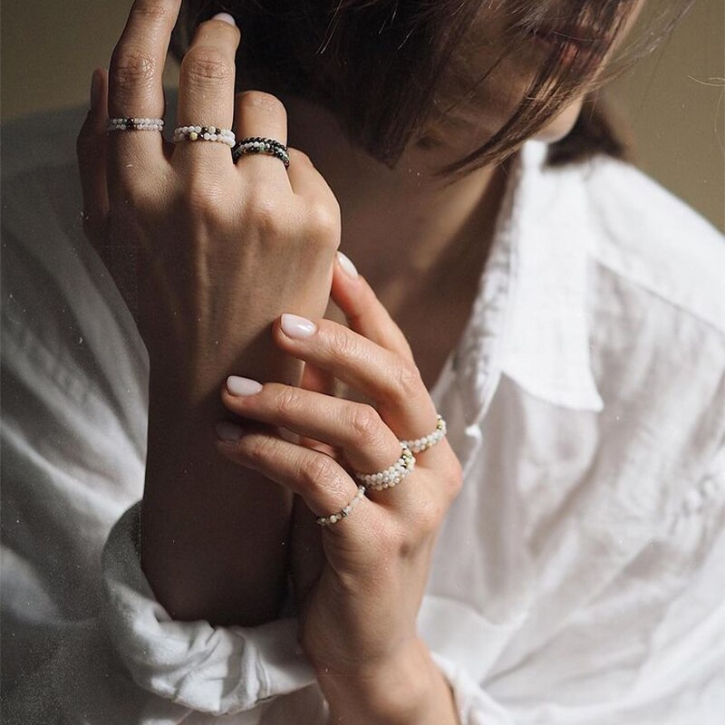 Momiji Bohemian Bead Rings Section Multi Color Natural Stone Jewelry Handmade Gifts Women Girls Wedding Rings Elastic Adjustable