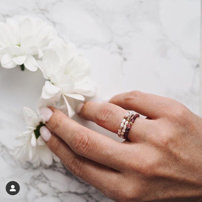 Momiji Bohemian Bead Rings Section Multi Color Natural Stone Jewelry Handmade Gifts Women Girls Wedding Rings Elastic Adjustable