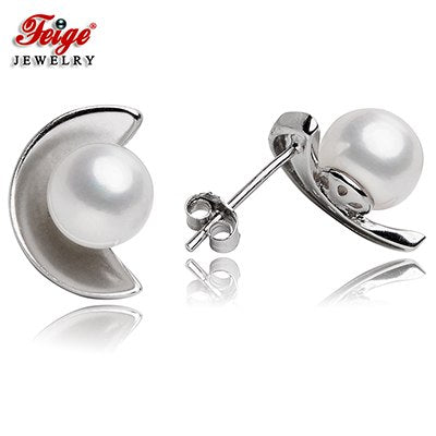 Moon 925 Sterling Silver Pearl Stud Earrings for Women Anniversary Jewelry 7-8MM White Natural Pearls Earring FEIGE