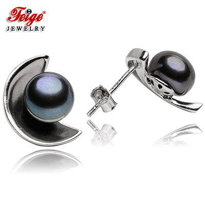 Moon 925 Sterling Silver Pearl Stud Earrings for Women Party Jewelry 7-8MM Black Pearls Earring Fine Jewelry FEIGE