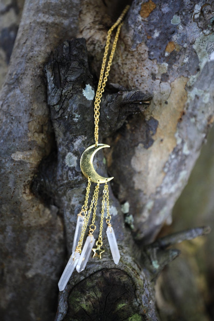 Moon And Quartz Crystal Gold Necklace/Witchcraft Jewelry