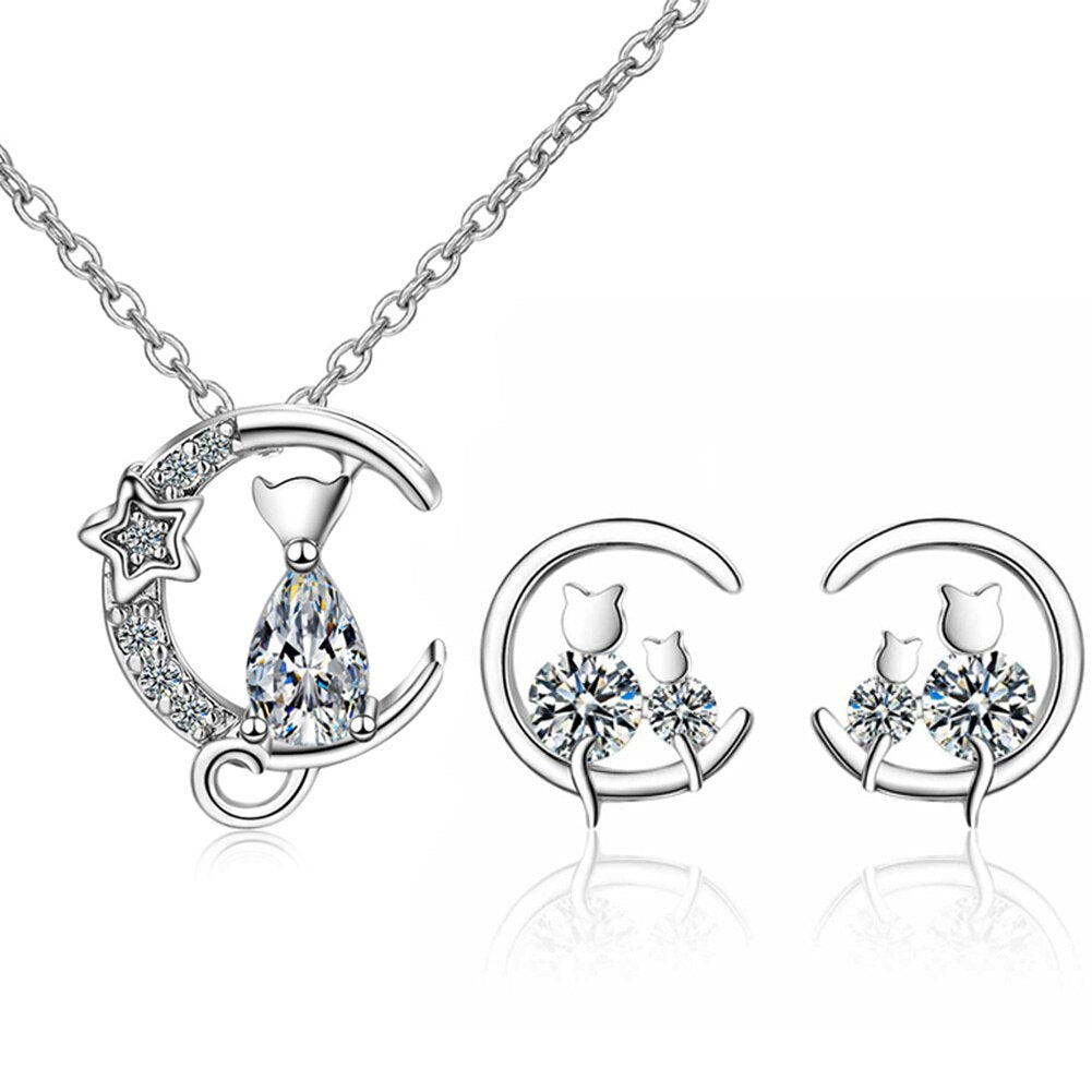 Moon Cat Earrings Necklaces For women 925 Stamp Silver Color Cubic Zirconia  Elegant Party Gift Fine Jewellery Set