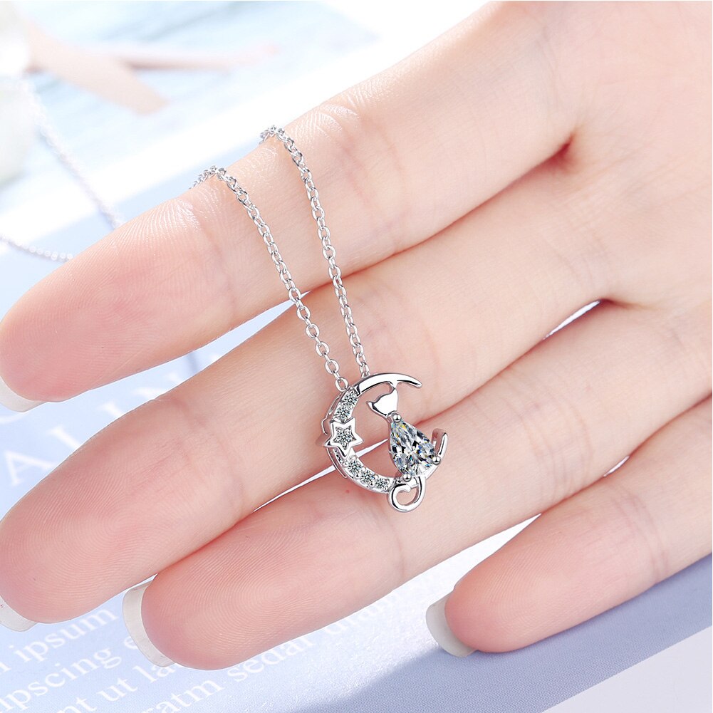 Moon Cat Earrings Necklaces For women 925 Stamp Silver Color Cubic Zirconia  Elegant Party Gift Fine Jewellery Set