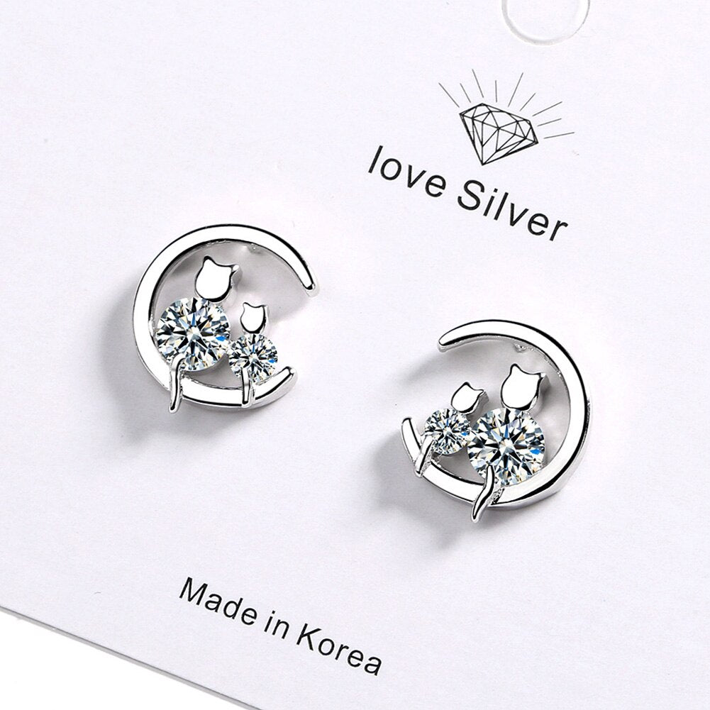 Moon Cat Earrings Necklaces For women 925 Stamp Silver Color Cubic Zirconia  Elegant Party Gift Fine Jewellery Set