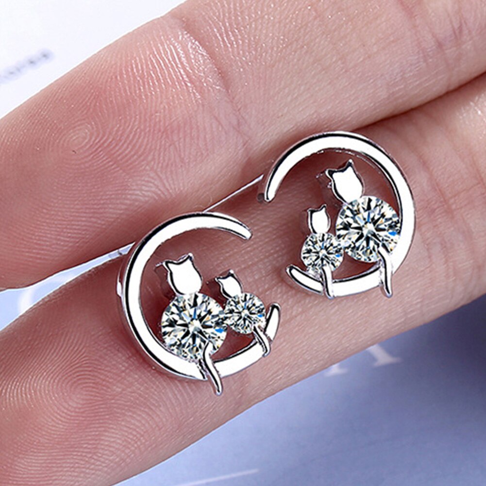 Moon Cat Earrings Necklaces For women 925 Stamp Silver Color Cubic Zirconia  Elegant Party Gift Fine Jewellery Set