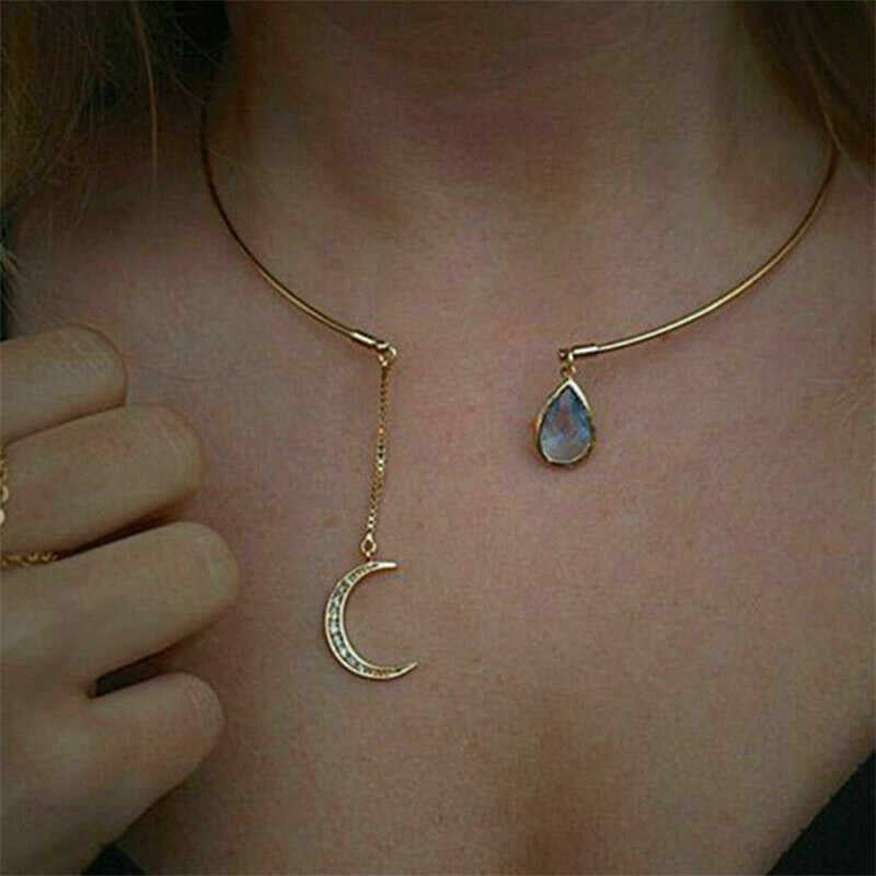 Moon Cuff Drop Open Hoop Collar Jewelry Women Choker Water Crystal Girl Necklace