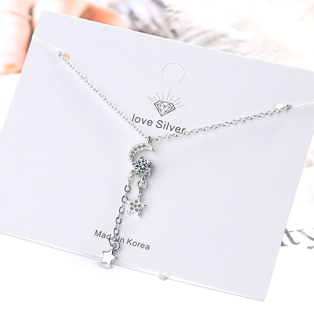 Moon Necklace For Women Tassels Pendant 925 Stamp Silver Color Korean Chain  Quality Jewelry Aesthetic Accessories