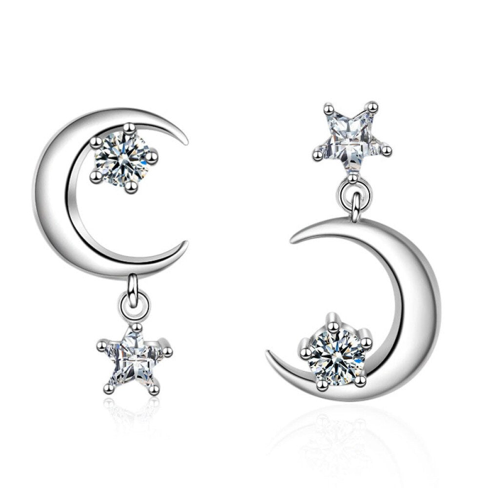 Moon Star 925 Sterling Silver Jewelry  Classic Stud Earrings For Women Vintage Trendy Wedding Girls Gift Christmas