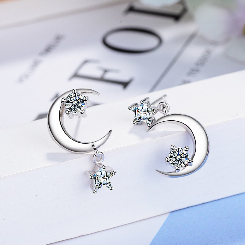 Moon Star 925 Sterling Silver Jewelry  Classic Stud Earrings For Women Vintage Trendy Wedding Girls Gift Christmas