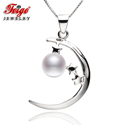 Moon shape 925 Sterling Silver Pearl Pendant Necklace 8-9MM White Pearl Necklace for Women Fine Jewelry Gifts FEIGE