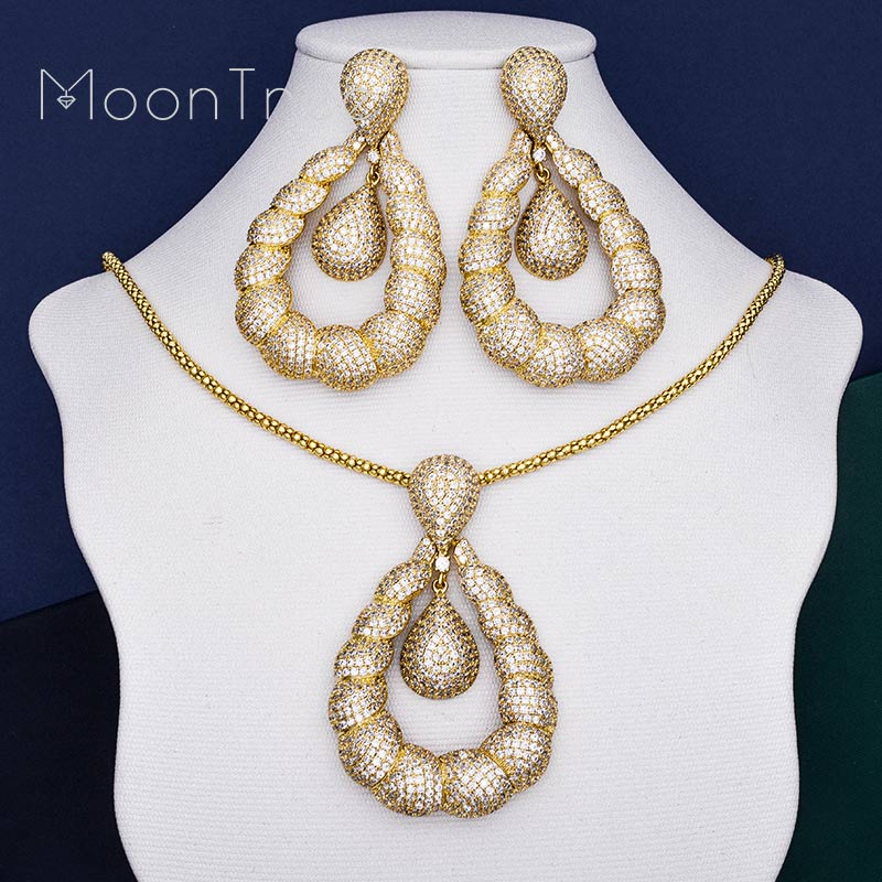 Water Drop Full Micro Cubic Zirconia Gold Color Women Bridal Wedding Engagement Earring Necklace Jewelry Set