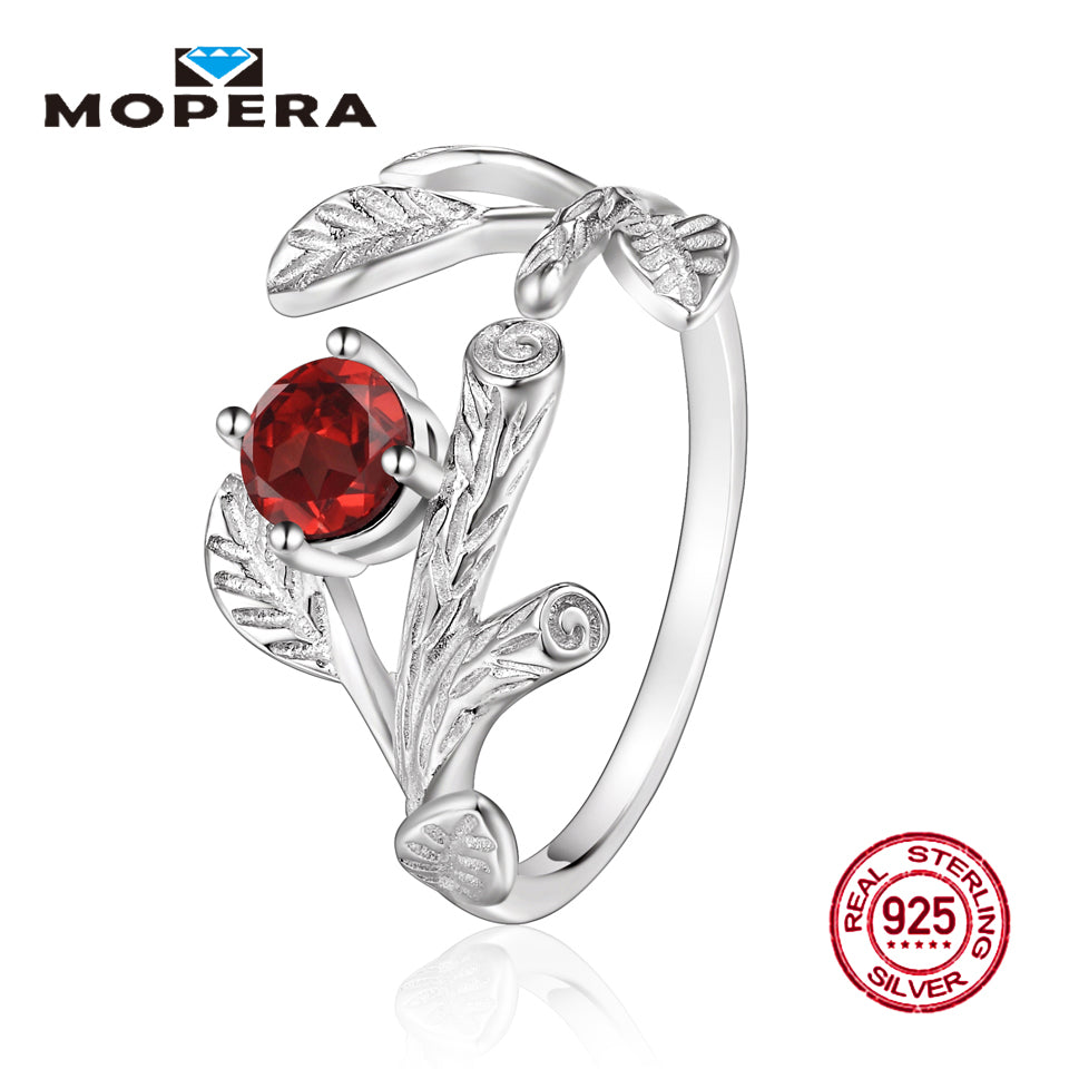 925 Sterling Jewelry Silver Rings Natural Garnet leaf Resizable Rings For Women Romantic Cute Engagement Wedding Bands