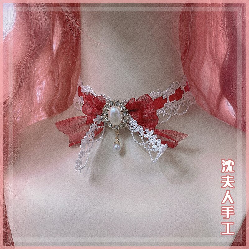 Mori Girl Sweet Gorgeous Neckband Lolita Cute Bow Lace Pearl Fairy Wind Necklace Pendant Neck Chain Tea Party All-match Ornament