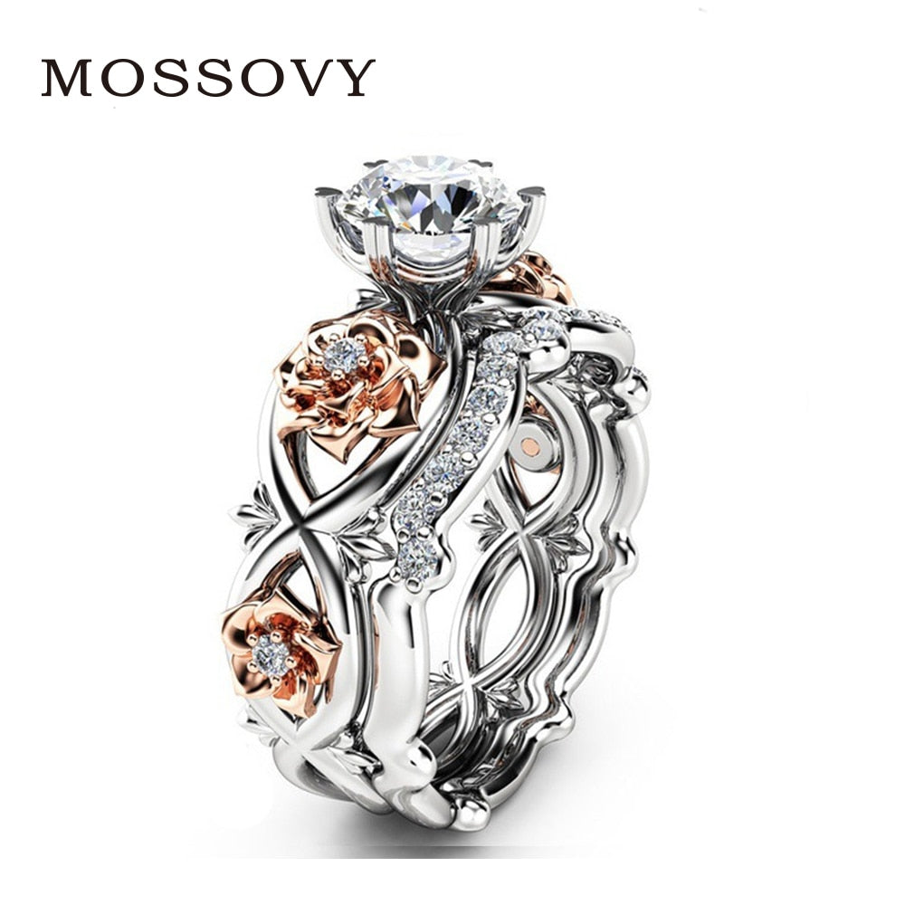 Shiny Silver Ring Flower Zircon Engagement Ring Set Fashion Jewelry Wedding Rings for Women Bague Femme Anillos Mujer